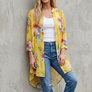 Karen Kane Sunshine Floral Semi Sheer Button Front Tunic Semi Sheer Top M